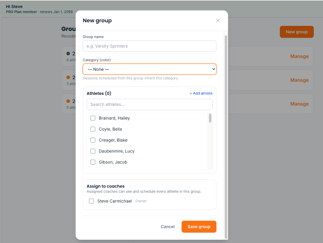 Creating a reusable group with a category color, athletes, and assigned coaches