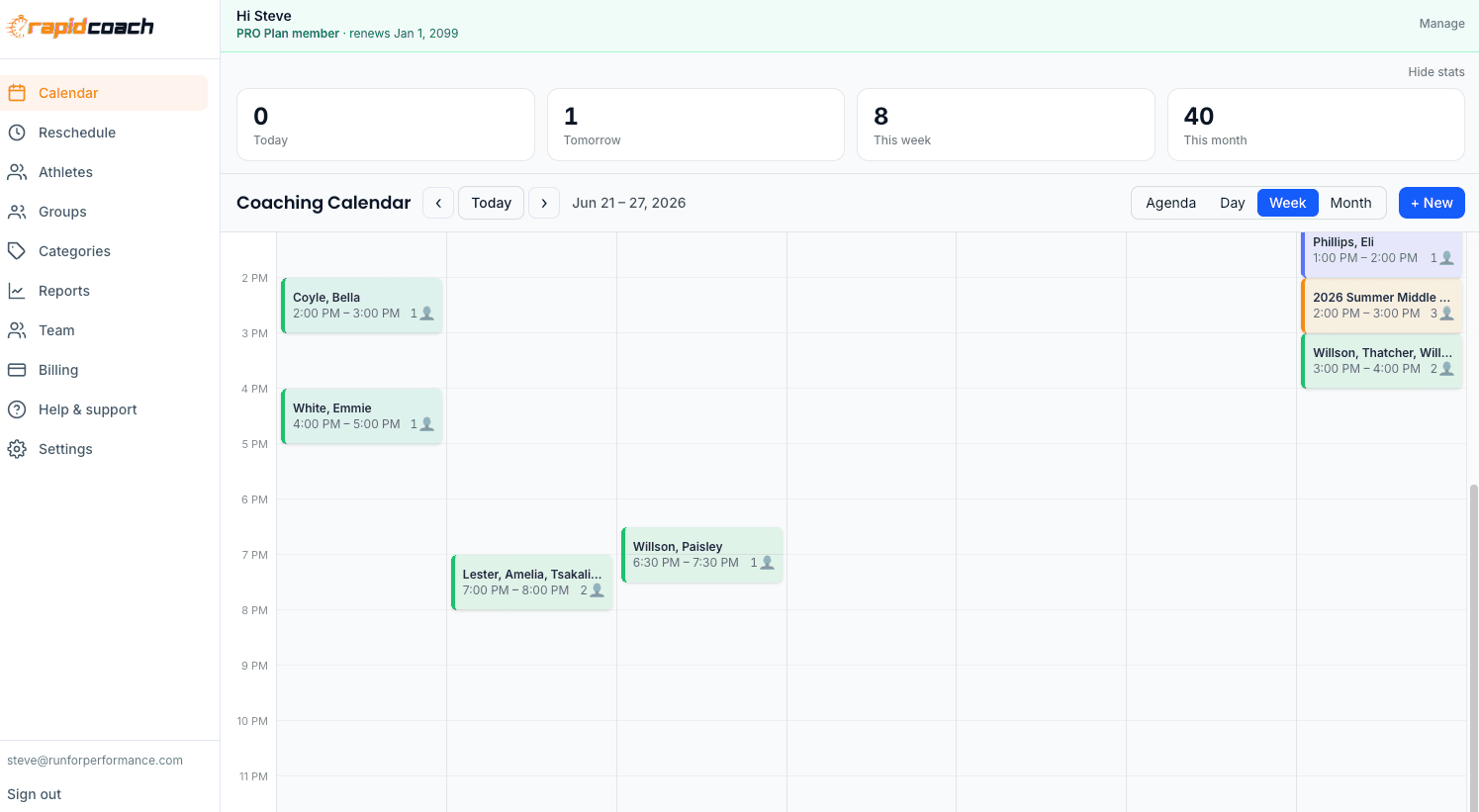 Week calendar with color-coded coaching sessions